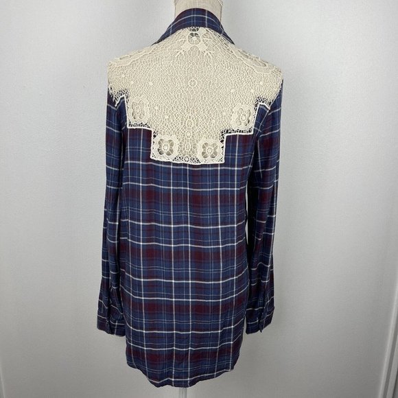 Vanity Flannel Open Front Shirt Size M Purple Plaid Womens Lace Boho Western Top - Picture 5 of 11
